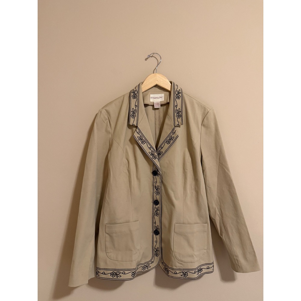 Vintage‎ Tan Khaki Floral Embroidered Button Front Blazer Size Medium